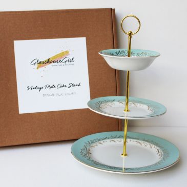 Vintage Cake Stand – Blue & Gold Lillies