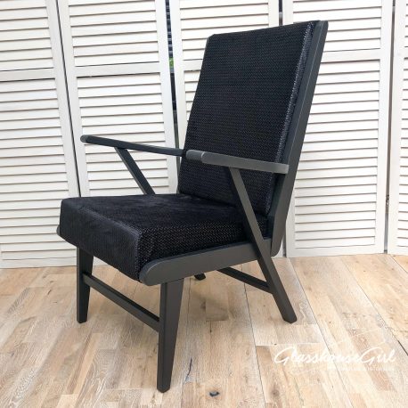 Bristow Chanel Easy Chair – Black Patterned Velvet with Brass Go