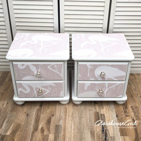 Pink & White Flamingo Pine Bedside Cabinets with Iridescent Glas