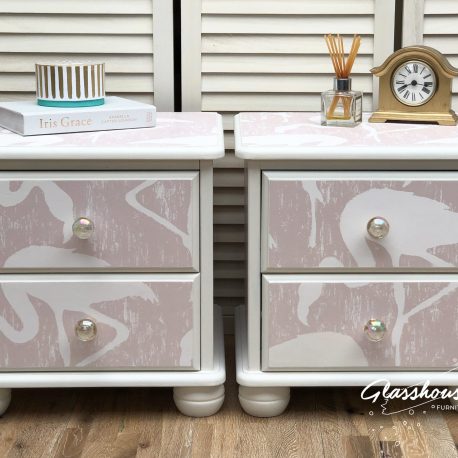 Pink & White Flamingo Pine Bedside Cabinets with Iridescent Glas