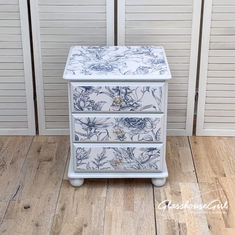 Floral Blue White Silver Solid Pine Painted Upcycled Bedside Tab