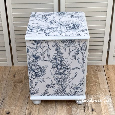 Floral Blue White Silver Solid Pine Painted Upcycled Bedside Tab
