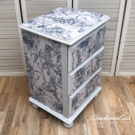 Floral Blue and White Solid Pine Three Drawer Bedside Table