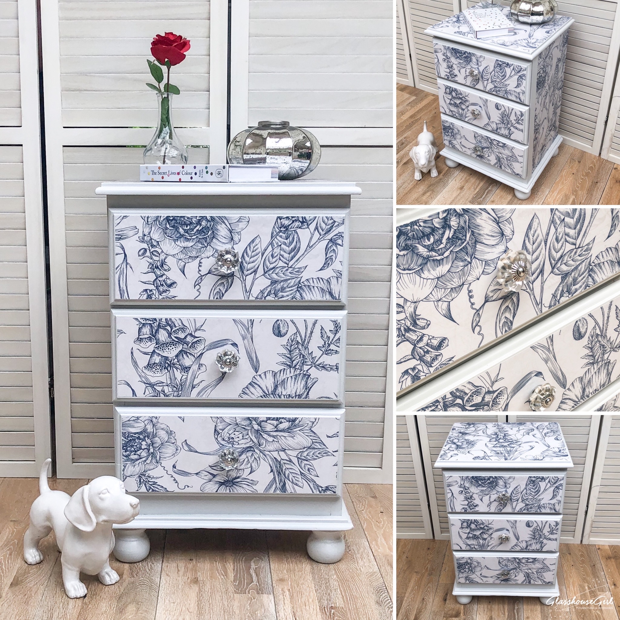 Floral Blue White English Countryside Bedside Cabinet Glasshouse Girl