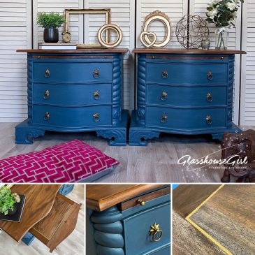 Mermaid Blue & Teak Bow Front Bedside Chest of Drawers