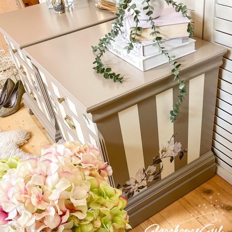 Parisian Magnolia Taupe Cream Striped Floral Bedside Tables